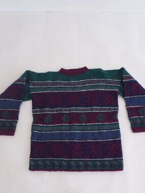 Vintage Handmade Green Multi Nordic Pattern Wool Fair Isle Knit Heavy Sweater M